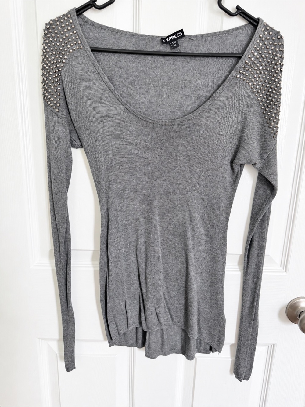 Express Gray Long-Sleeve Scoop Neck Top with Studded Shoulders